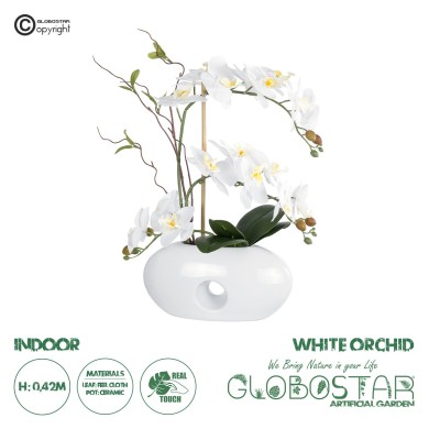 GloboStar® Artificial Garden WHITE ORCHID 21125 Διακοσμητικό Φυτό Λευκή Ορχιδέα Υ42cm